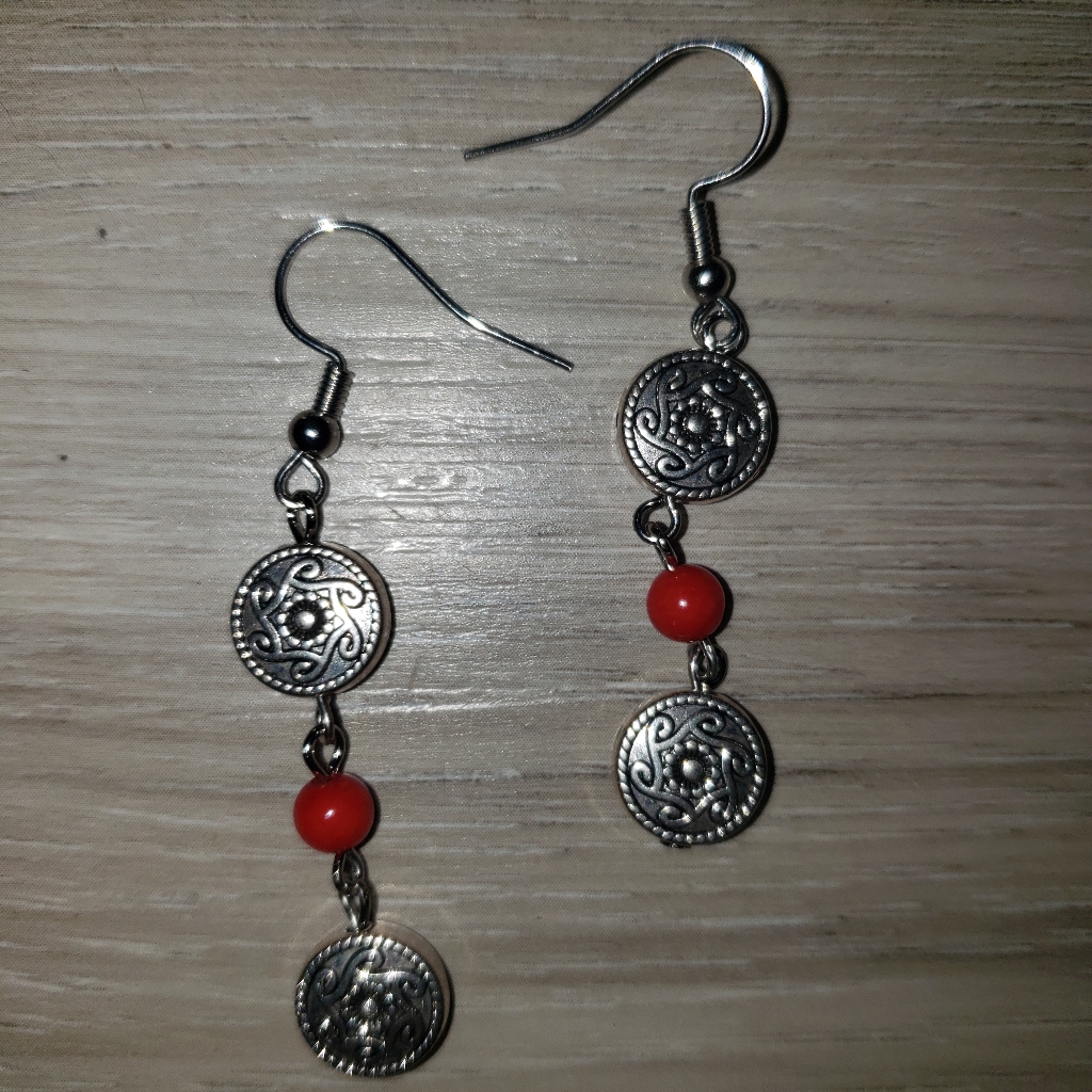 Red Silvertone Dangle Drop Earrings